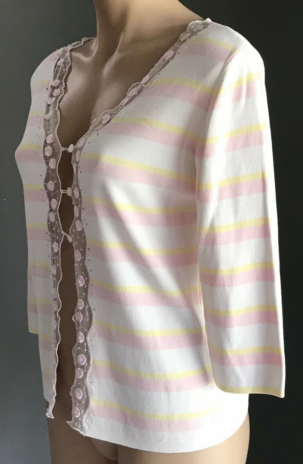 SKY DESIGNS Cardigan Pastel Pink Yellow & White Stripe Knit 3/4 Sleeve Size M 12
