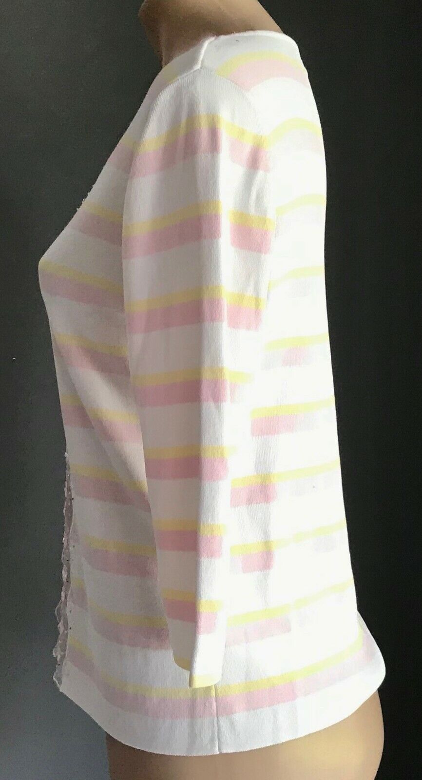 SKY DESIGNS Cardigan Pastel Pink Yellow & White Stripe Knit 3/4 Sleeve Size M 12