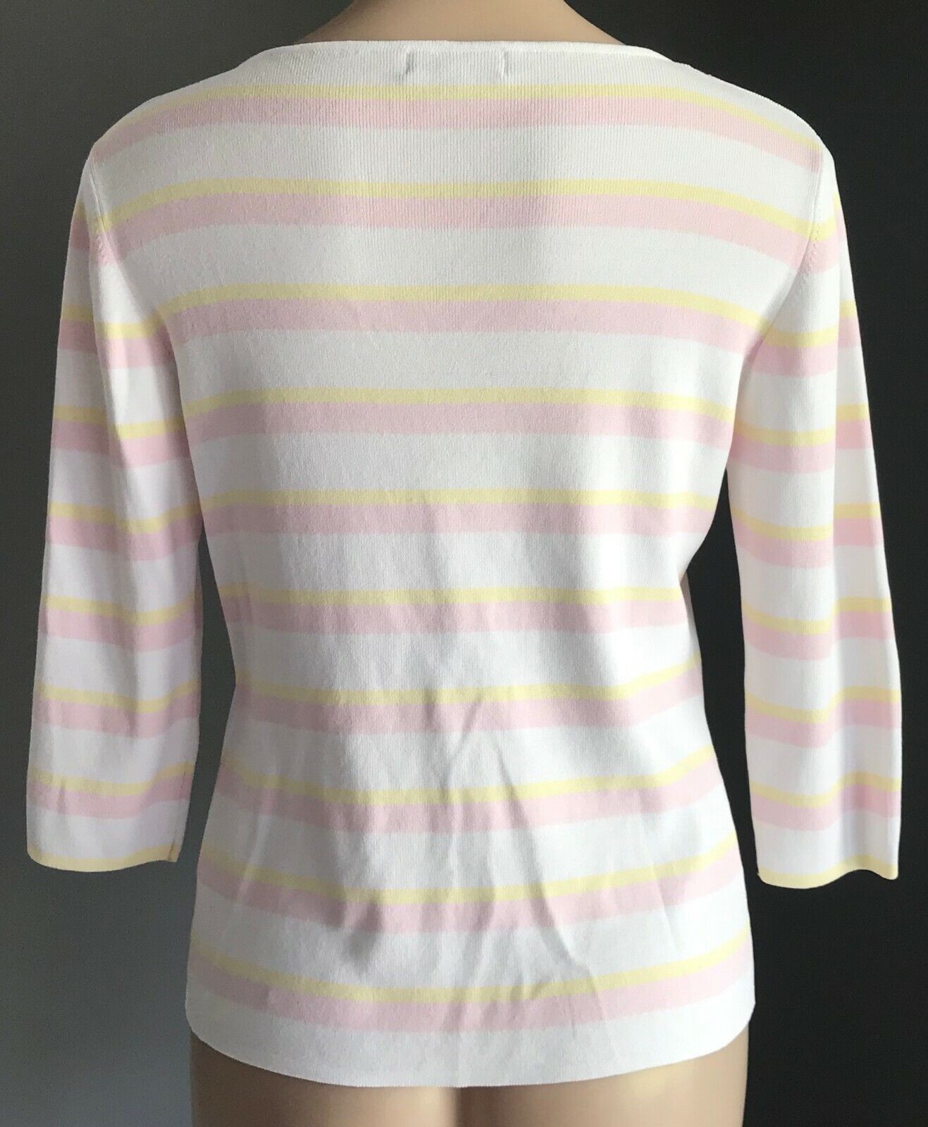 SKY DESIGNS Cardigan Pastel Pink Yellow & White Stripe Knit 3/4 Sleeve Size M 12