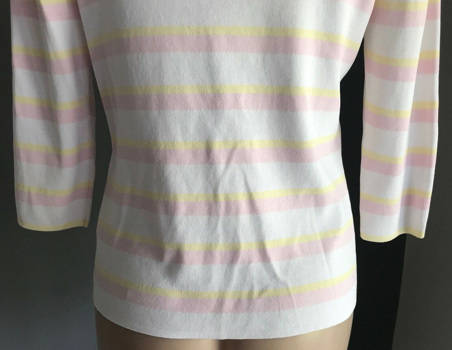 SKY DESIGNS Cardigan Pastel Pink Yellow & White Stripe Knit 3/4 Sleeve Size M 12