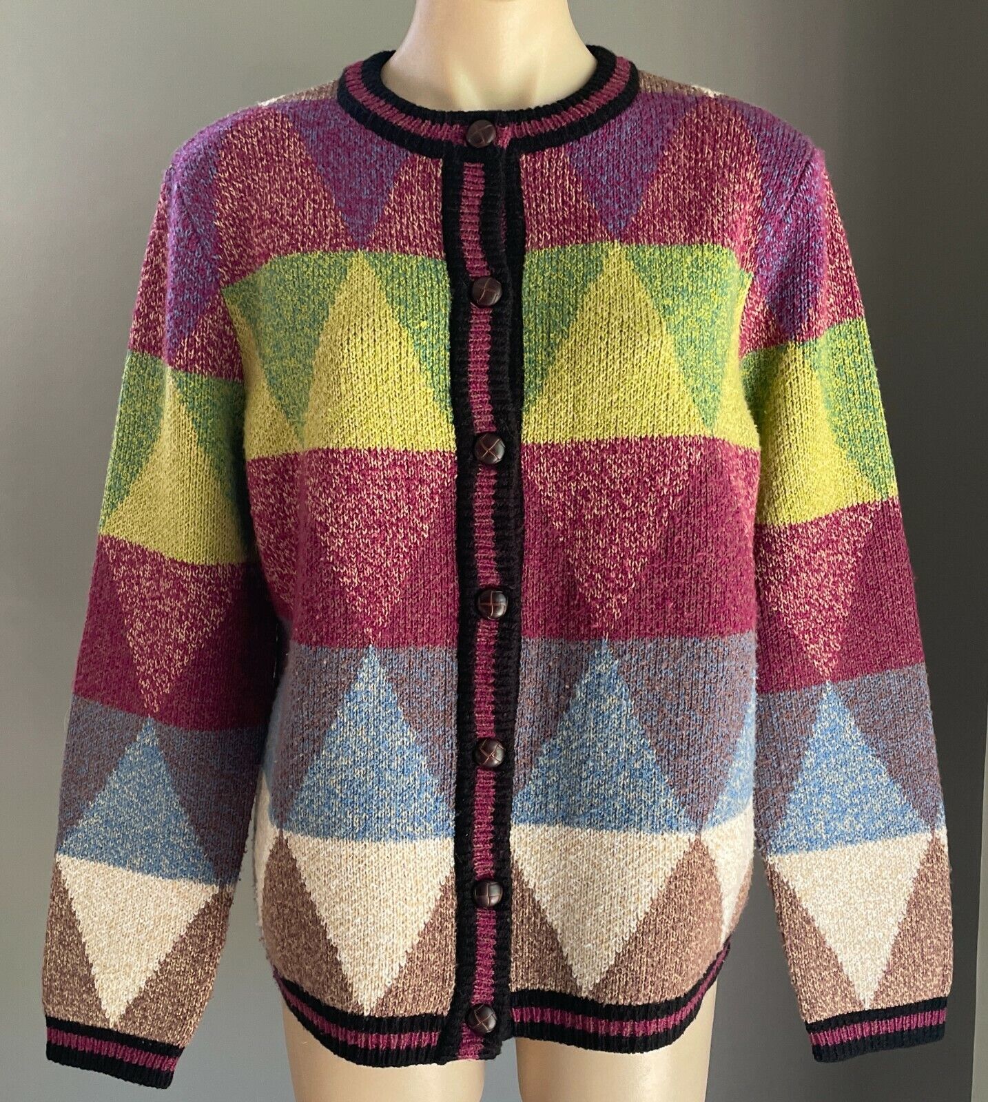 DAMART Cardigan Colourful Diamond Print Knit Long Sleeve Sz 14 Ugly Jumper Genre