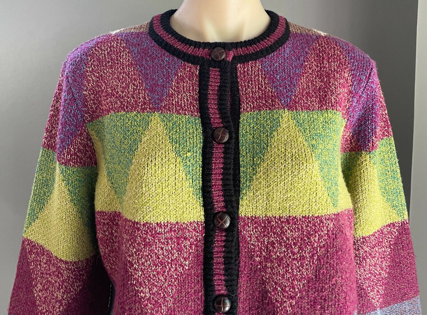 DAMART Cardigan Colourful Diamond Print Knit Long Sleeve Sz 14 Ugly Jumper Genre