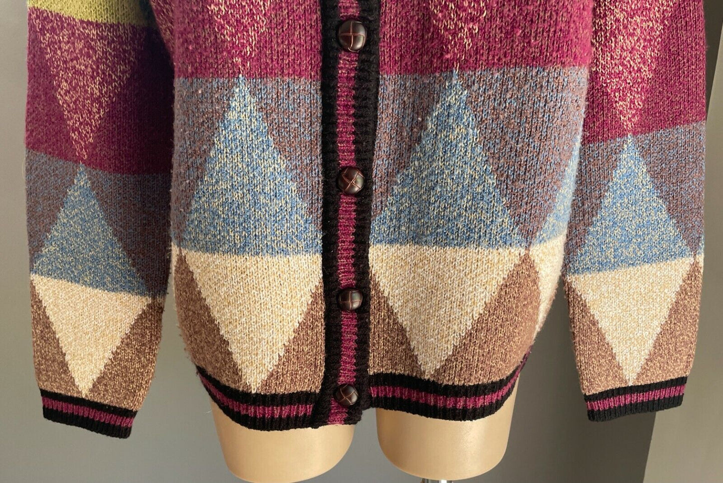 DAMART Cardigan Colourful Diamond Print Knit Long Sleeve Sz 14 Ugly Jumper Genre