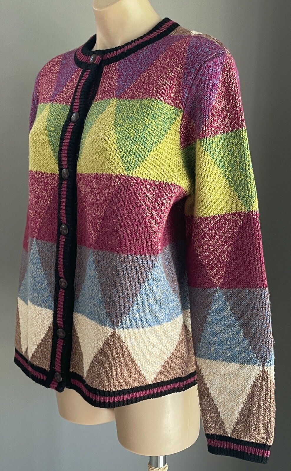 DAMART Cardigan Colourful Diamond Print Knit Long Sleeve Sz 14 Ugly Jumper Genre