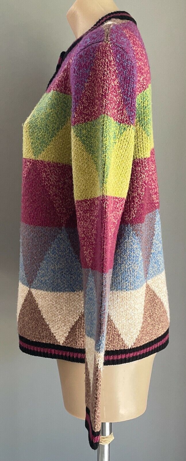 DAMART Cardigan Colourful Diamond Print Knit Long Sleeve Sz 14 Ugly Jumper Genre