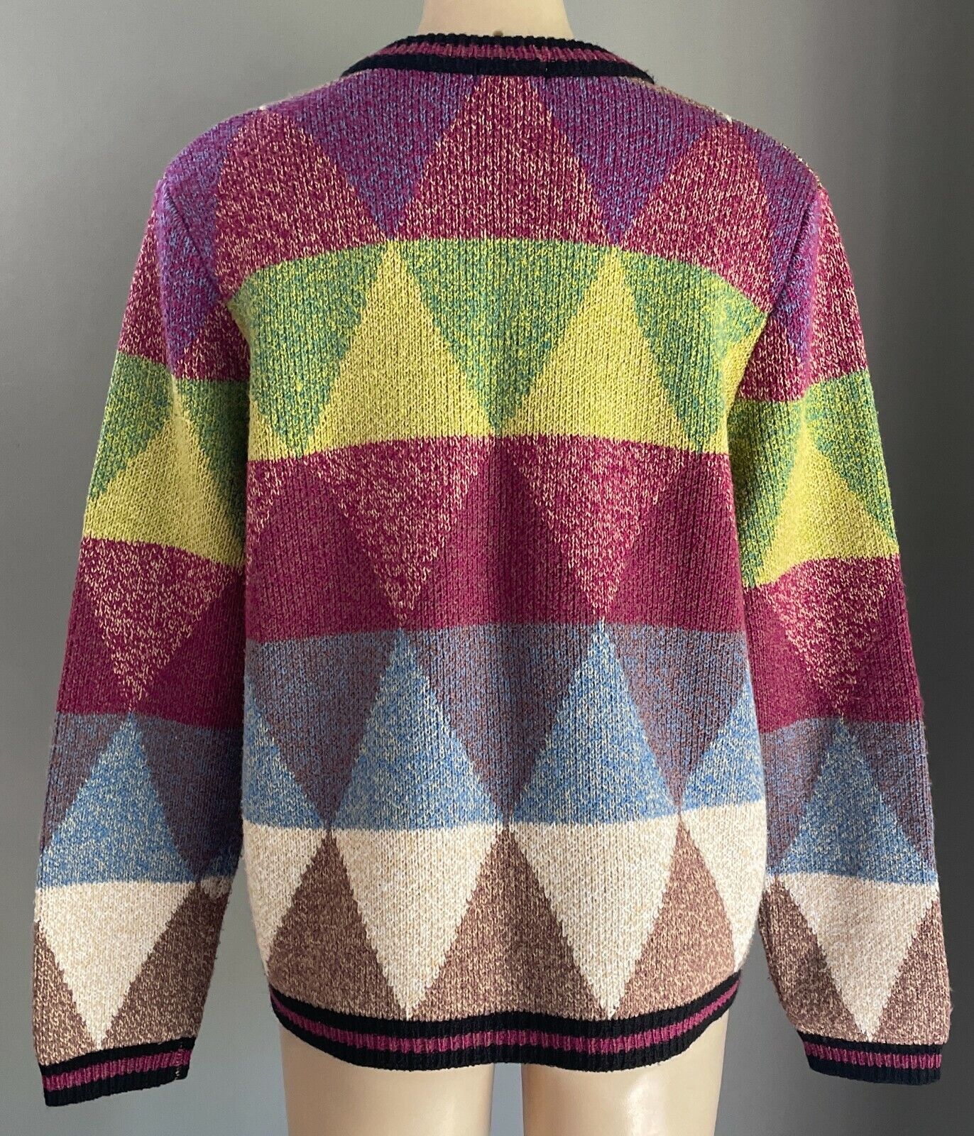 DAMART Cardigan Colourful Diamond Print Knit Long Sleeve Sz 14 Ugly Jumper Genre