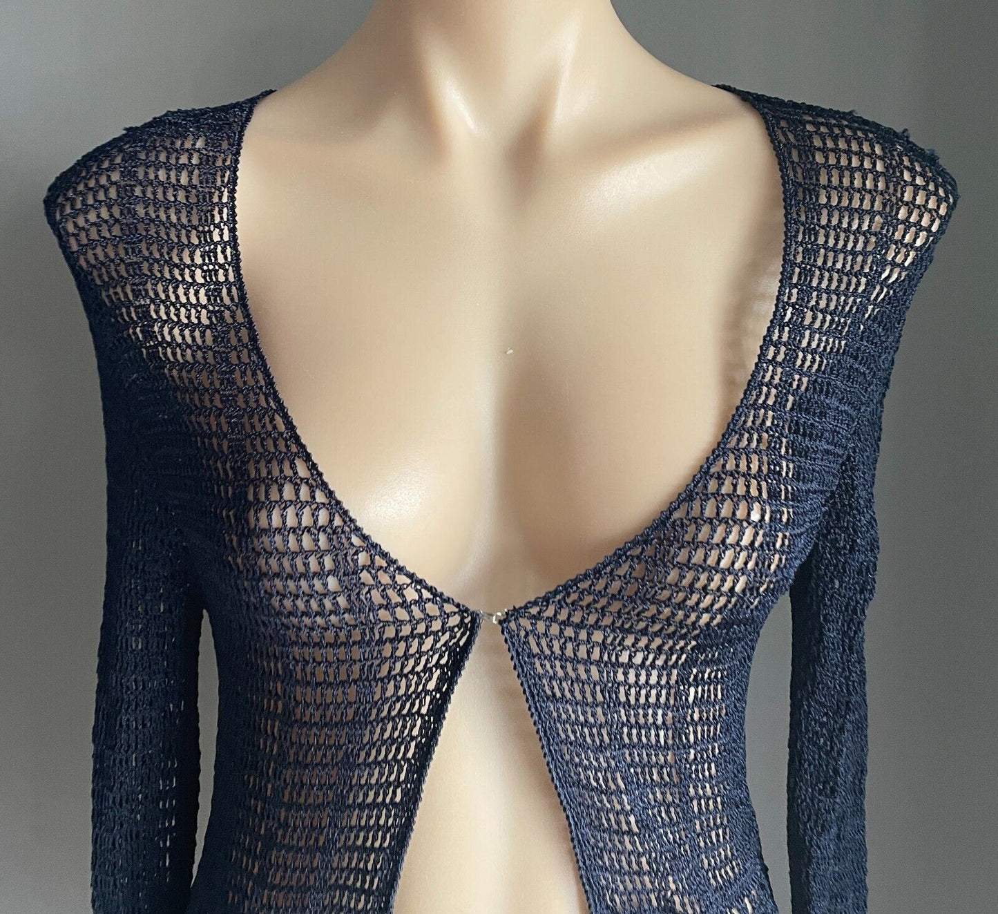 CROCHET CARDIGAN Open Navy Blue Long Sleeve Cardigan Jacket Clip Size 10 Viscose
