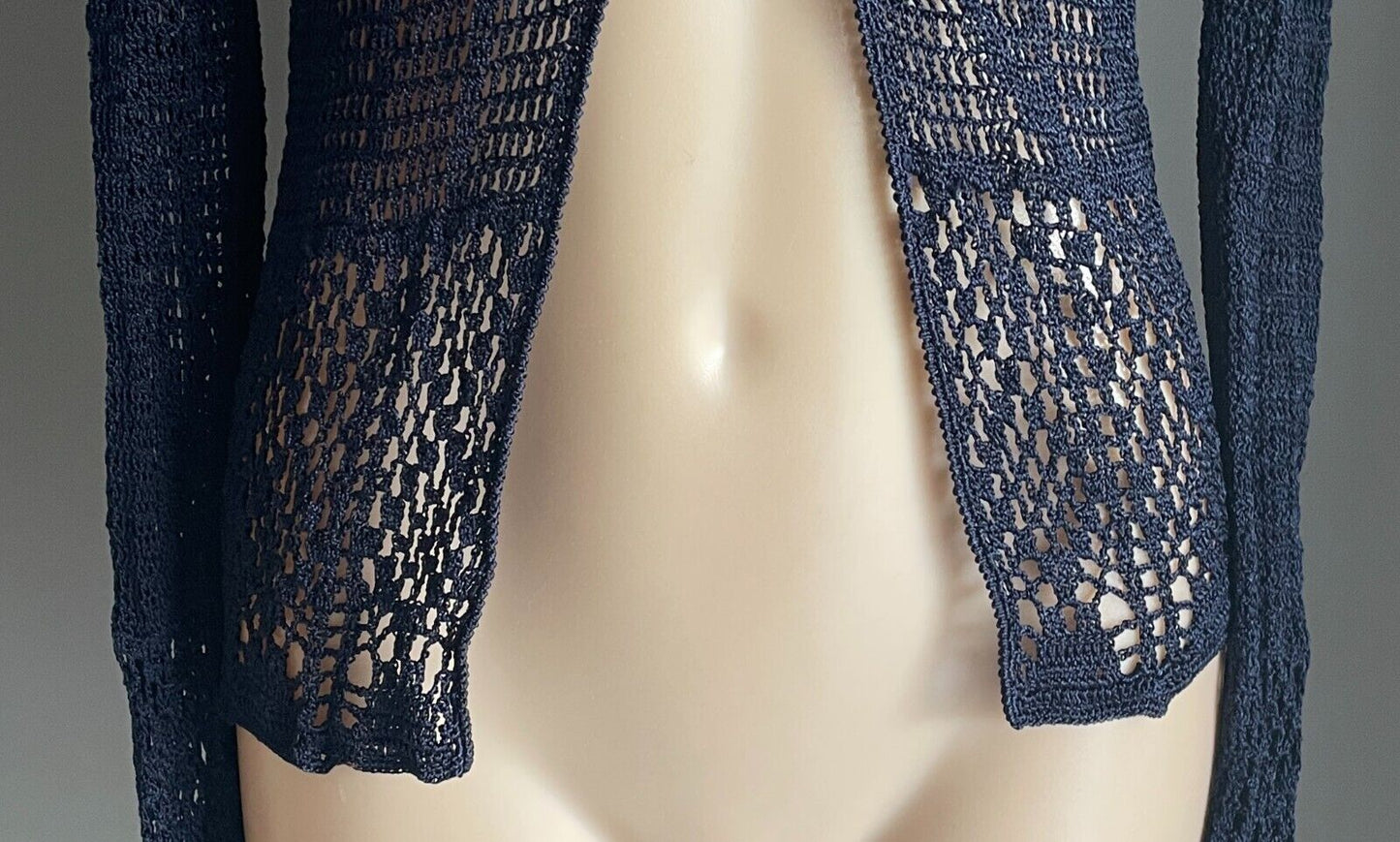 CROCHET CARDIGAN Open Navy Blue Long Sleeve Cardigan Jacket Clip Size 10 Viscose