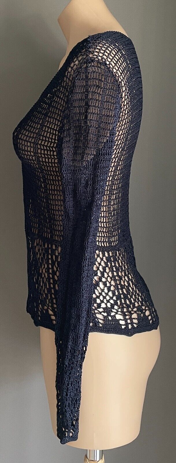 CROCHET CARDIGAN Open Navy Blue Long Sleeve Cardigan Jacket Clip Size 10 Viscose