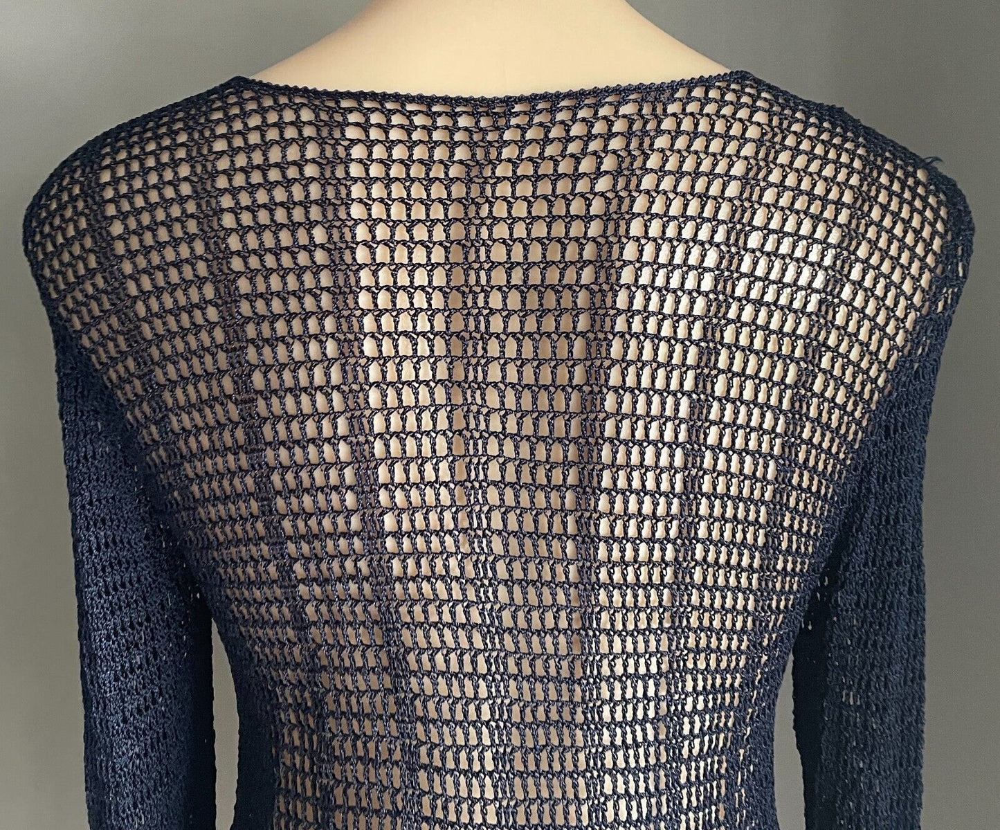 CROCHET CARDIGAN Open Navy Blue Long Sleeve Cardigan Jacket Clip Size 10 Viscose