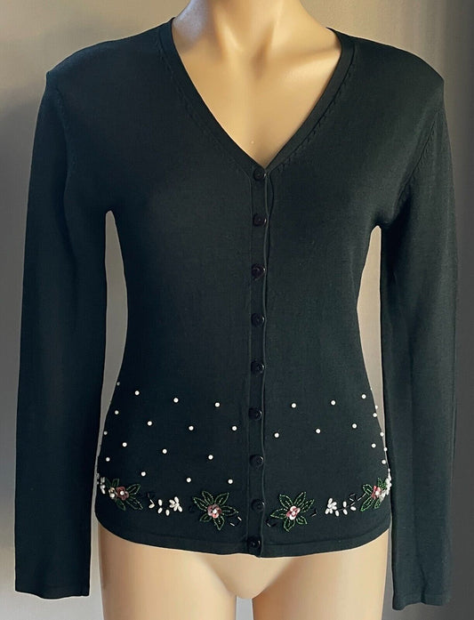 FASHION FAIR Cardigan Black Long Sleeve  w Pearl Bead Sequin Trim Size 8 10