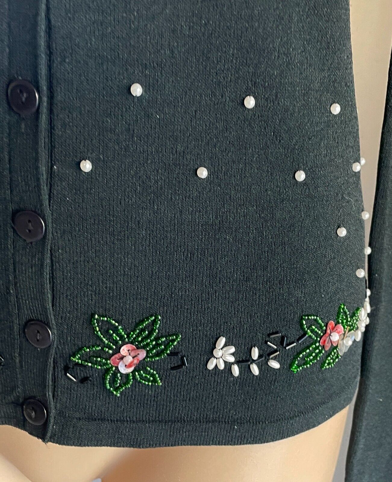 FASHION FAIR Cardigan Black Long Sleeve  w Pearl Bead Sequin Trim Size 8 10