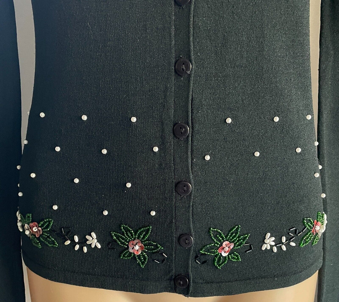FASHION FAIR Cardigan Black Long Sleeve  w Pearl Bead Sequin Trim Size 8 10