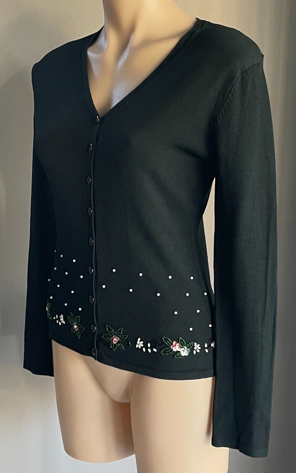 FASHION FAIR Cardigan Black Long Sleeve  w Pearl Bead Sequin Trim Size 8 10