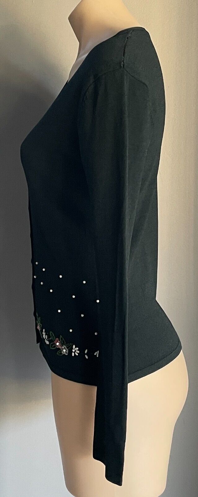 FASHION FAIR Cardigan Black Long Sleeve  w Pearl Bead Sequin Trim Size 8 10