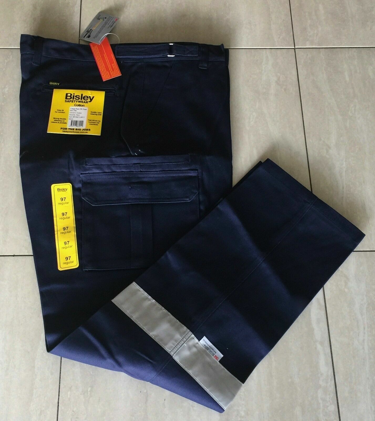 MensBISLEY HI VIZ Pants Cargo Safety Wear Navy Blue Reflective Tape Sz 97R New