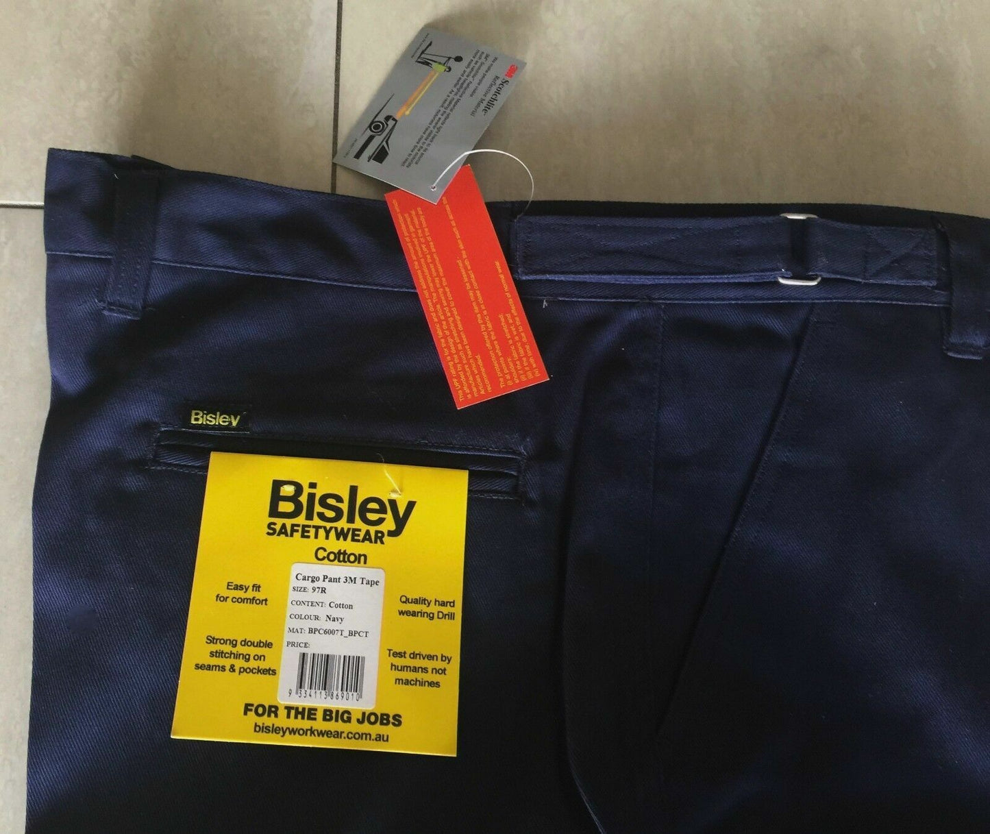 MensBISLEY HI VIZ Pants Cargo Safety Wear Navy Blue Reflective Tape Sz 97R New