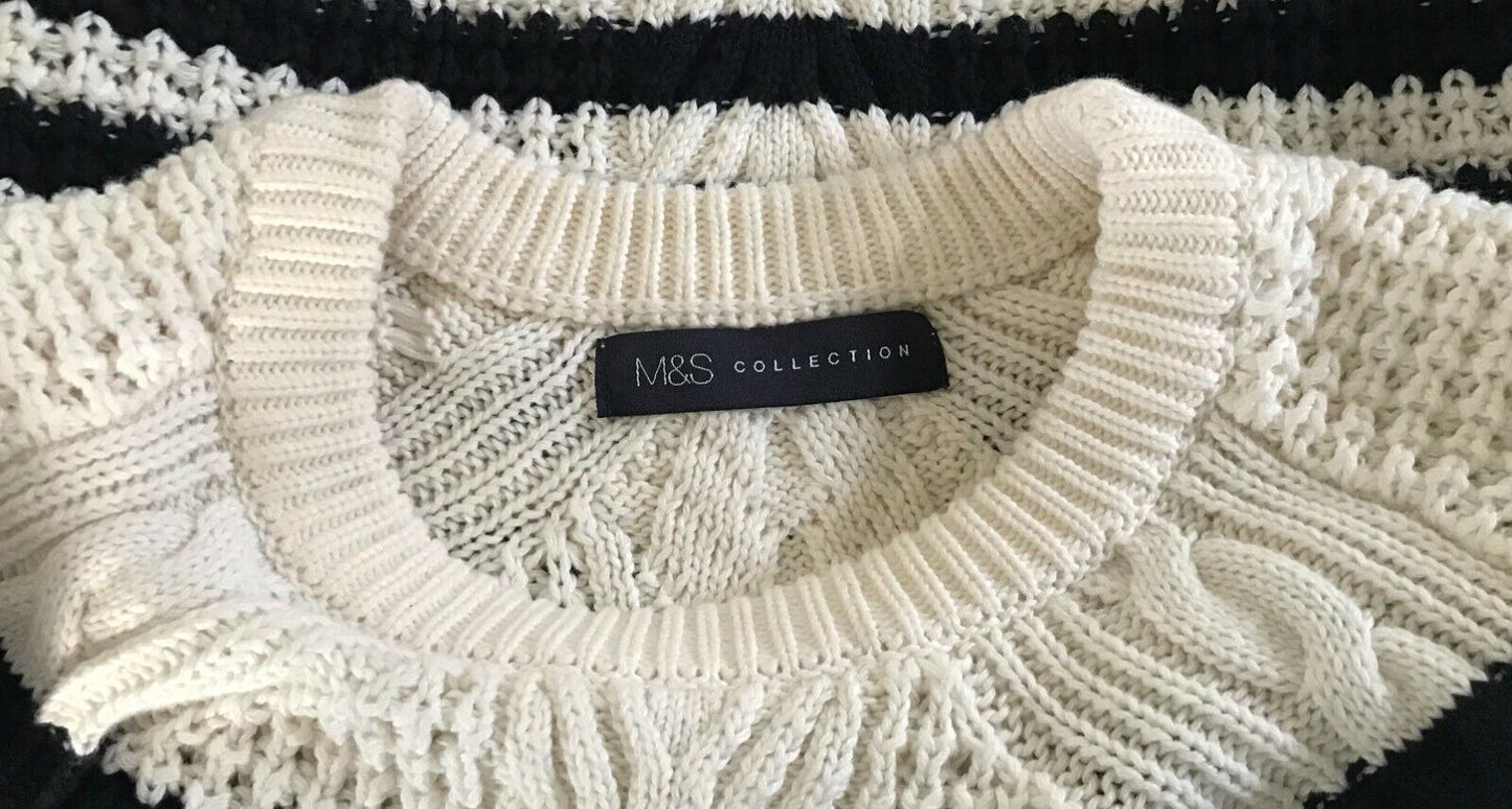 M&S COLLECTION Jumper Blue & White Stripe Long Sleeve Chunky Knit Size 10