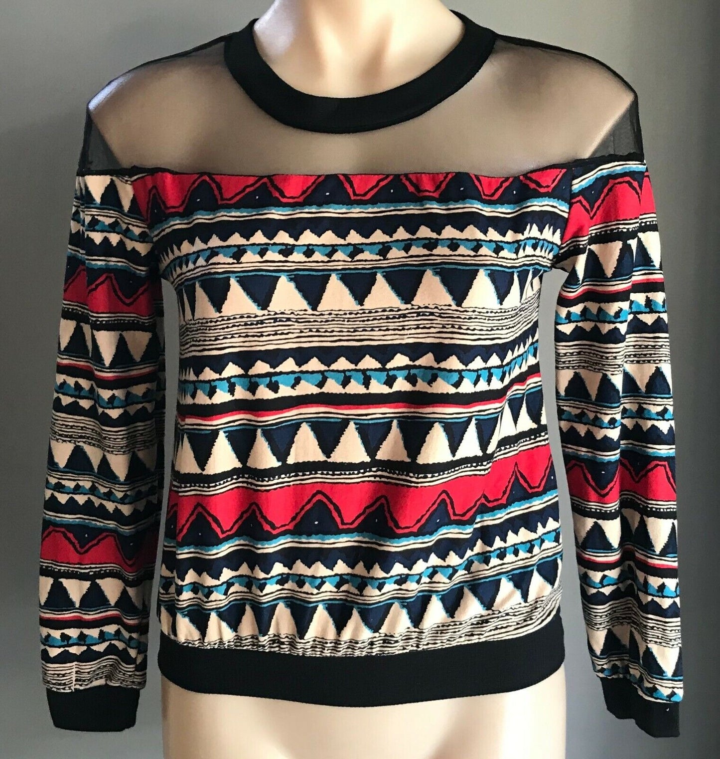 SWEATER Top Geo Print Mesh Net Red Blue Black Beige Long Sleeve Size 10 Retro