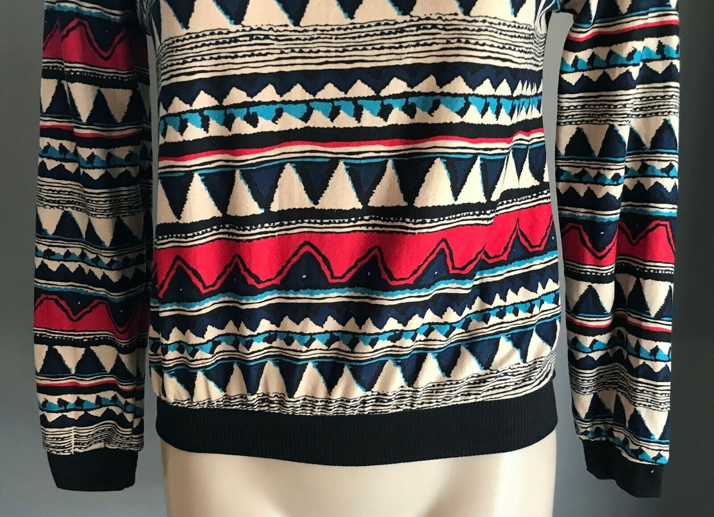 SWEATER Top Geo Print Mesh Net Red Blue Black Beige Long Sleeve Size 10 Retro