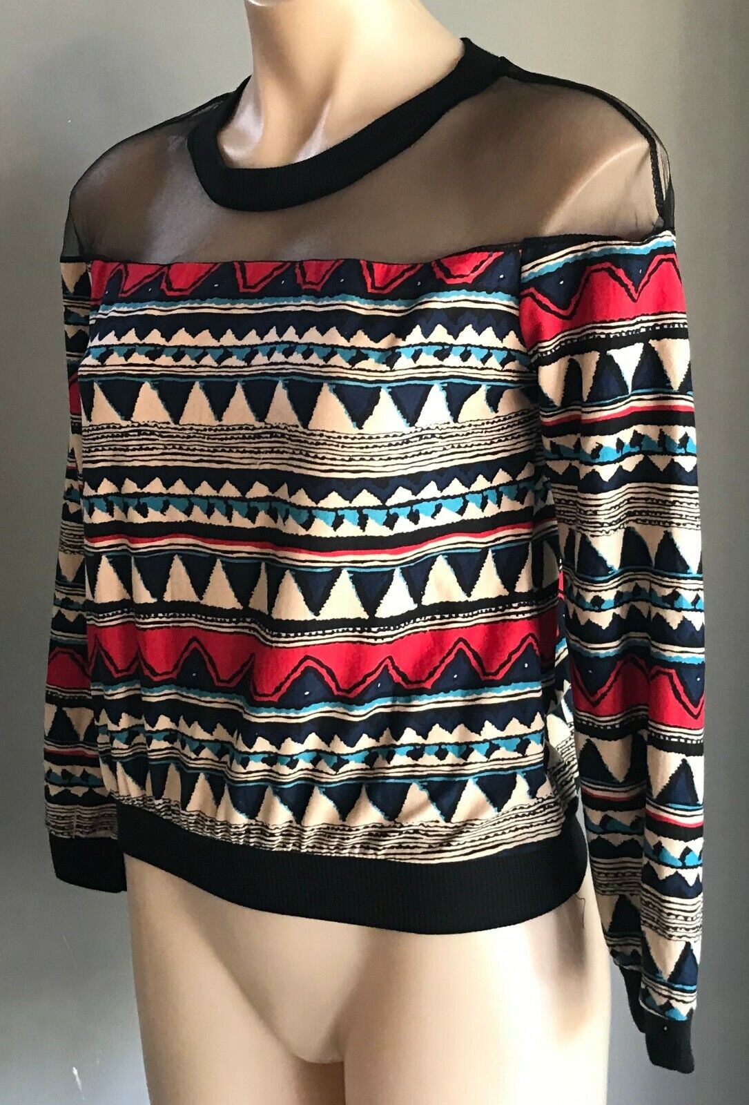 SWEATER Top Geo Print Mesh Net Red Blue Black Beige Long Sleeve Size 10 Retro