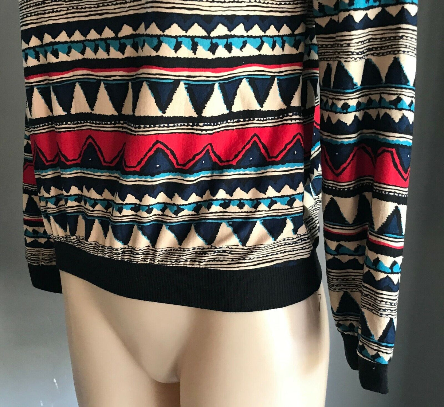 SWEATER Top Geo Print Mesh Net Red Blue Black Beige Long Sleeve Size 10 Retro