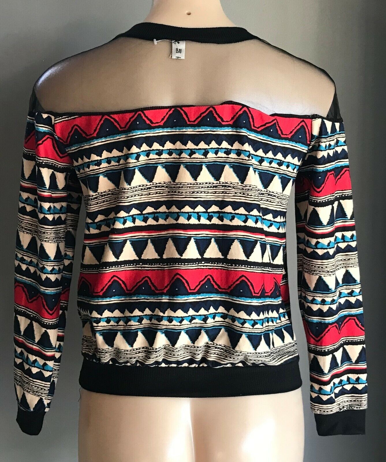 SWEATER Top Geo Print Mesh Net Red Blue Black Beige Long Sleeve Size 10 Retro