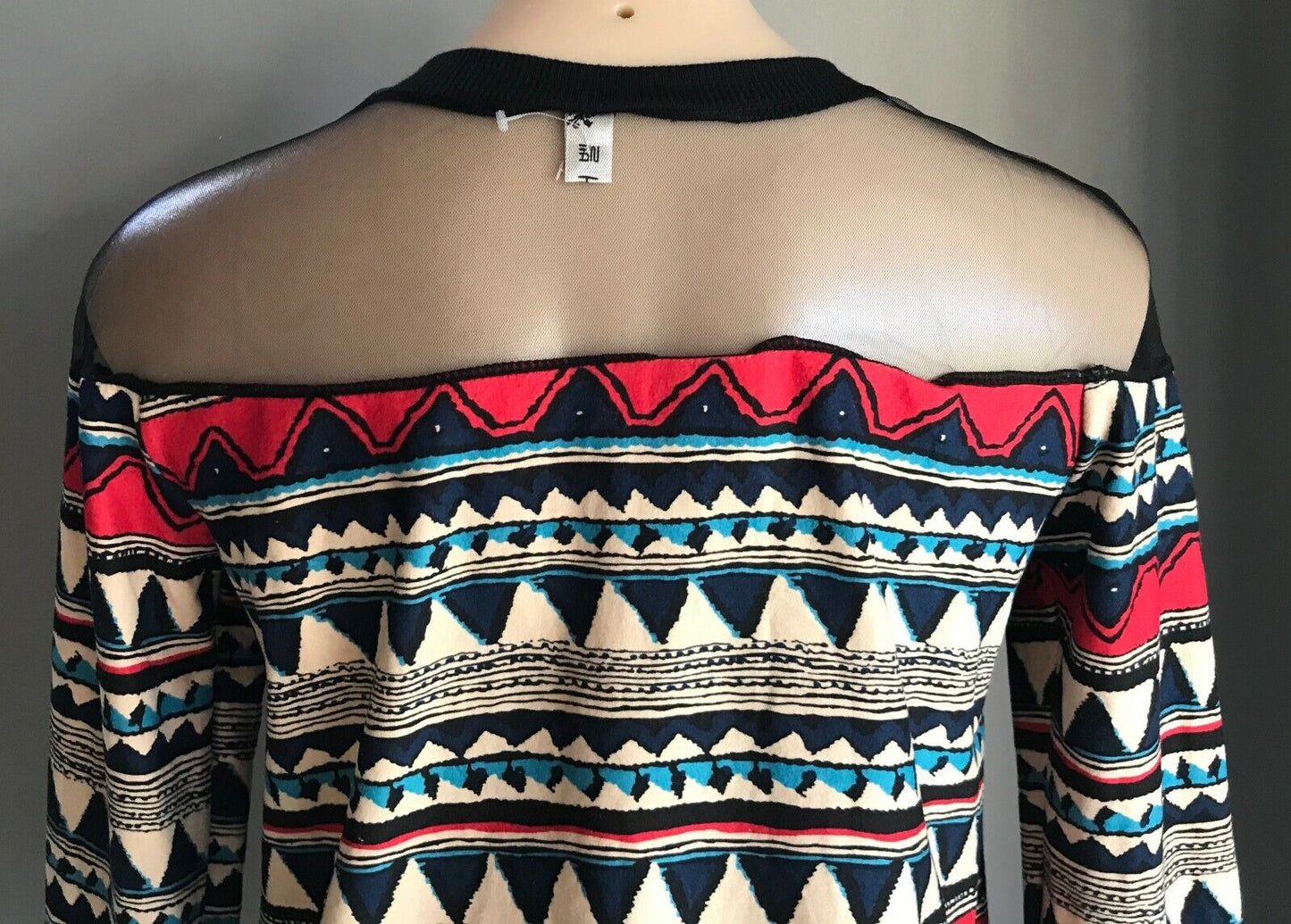 SWEATER Top Geo Print Mesh Net Red Blue Black Beige Long Sleeve Size 10 Retro