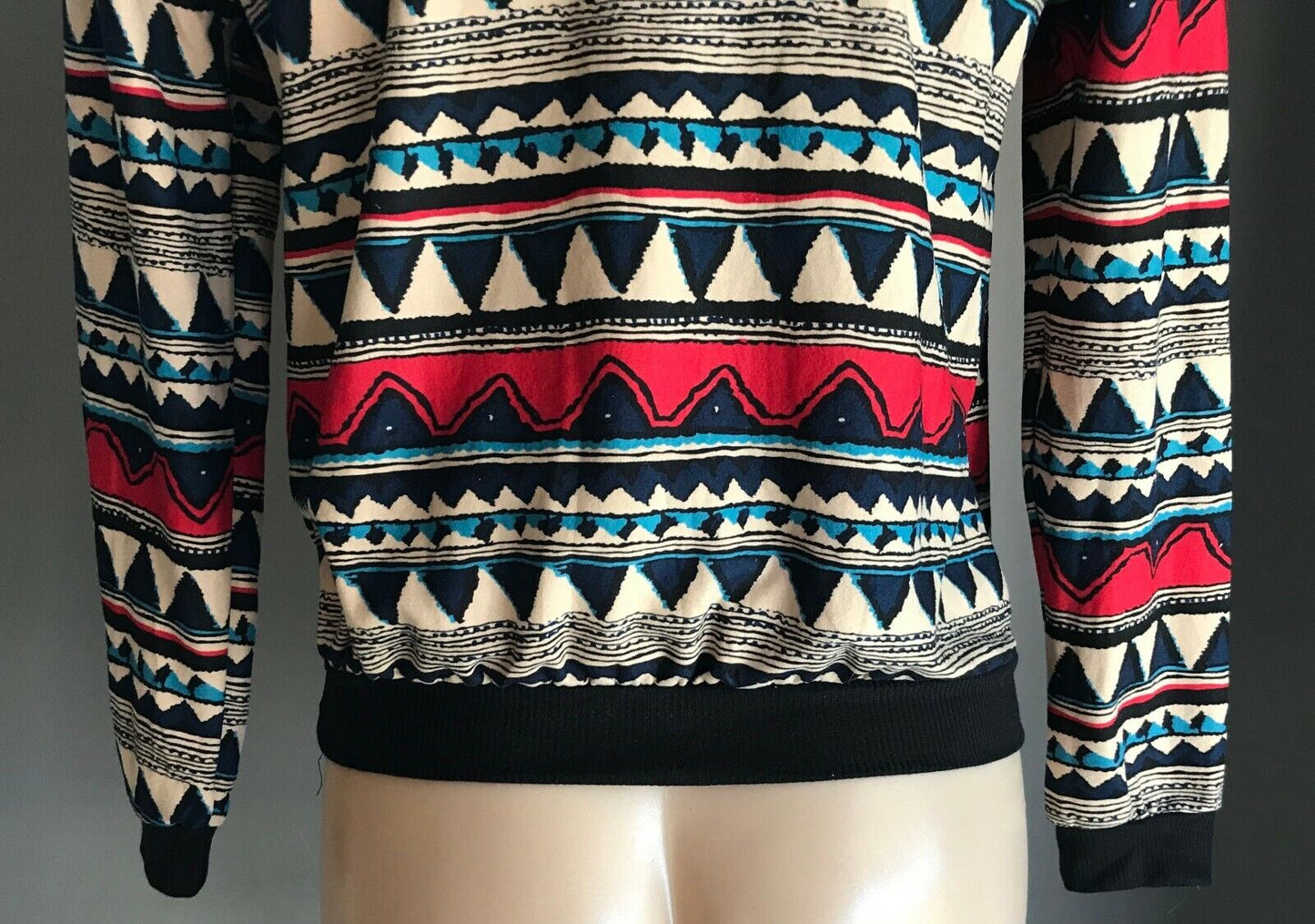 SWEATER Top Geo Print Mesh Net Red Blue Black Beige Long Sleeve Size 10 Retro