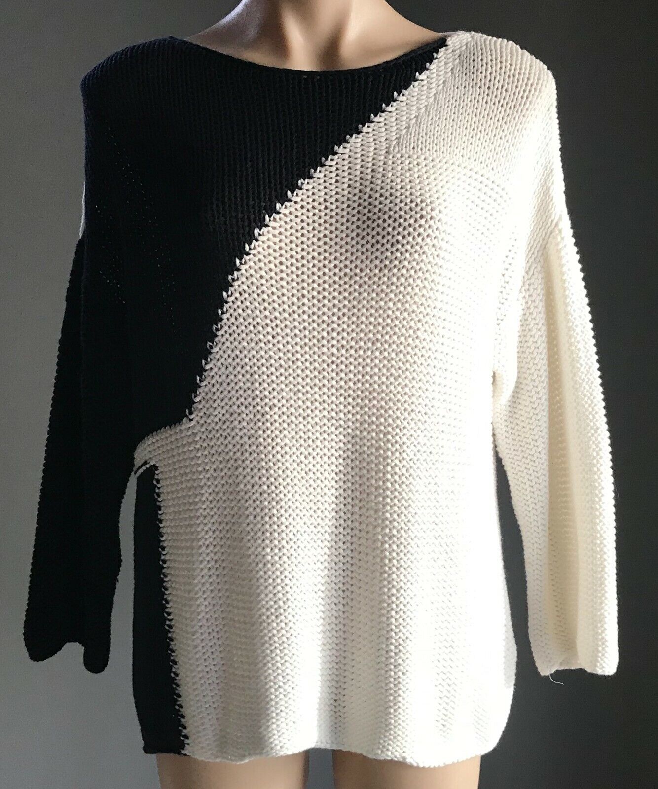 UNITED COLORS OF BENETTON Jumper White & Navy Chunky Knit Long Sleeve Size S