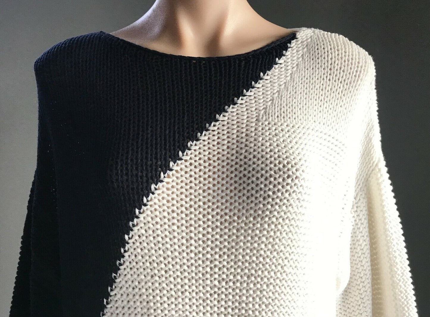 UNITED COLORS OF BENETTON Jumper White & Navy Chunky Knit Long Sleeve Size S