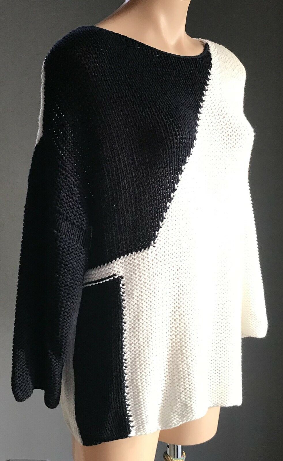 UNITED COLORS OF BENETTON Jumper White & Navy Chunky Knit Long Sleeve Size S