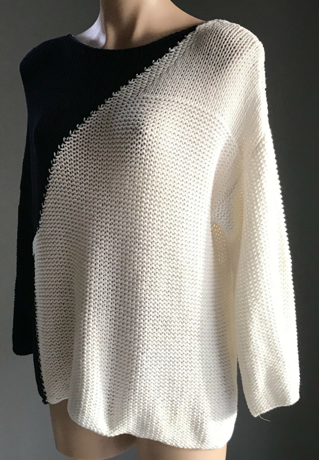 UNITED COLORS OF BENETTON Jumper White & Navy Chunky Knit Long Sleeve Size S