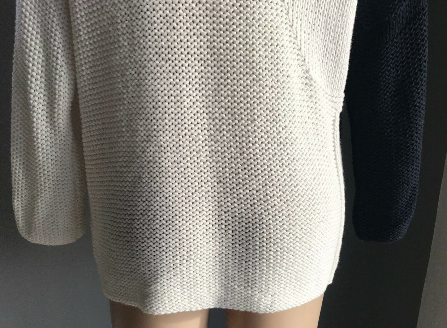 UNITED COLORS OF BENETTON Jumper White & Navy Chunky Knit Long Sleeve Size S