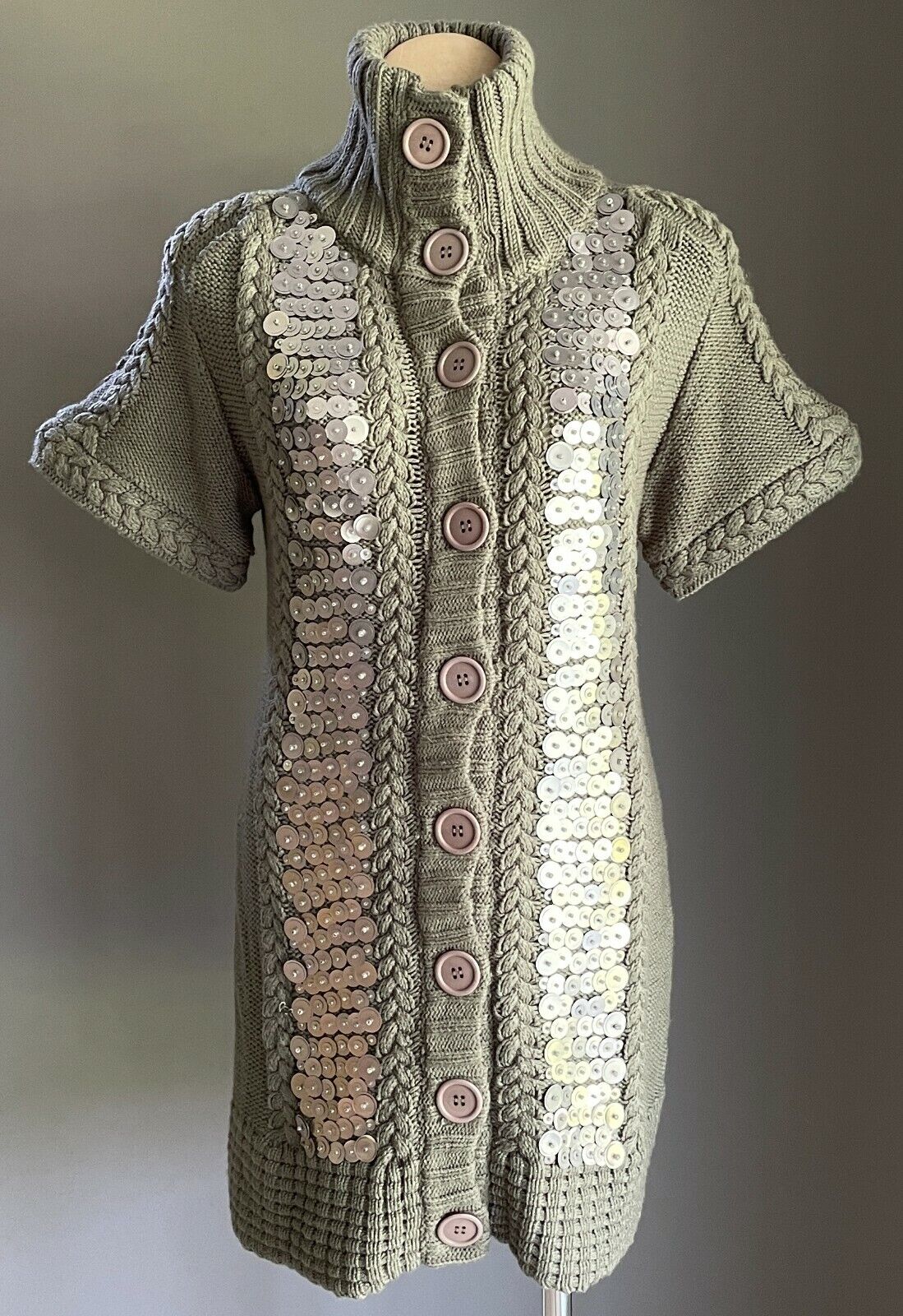 Chunky Jumper Khaki Knit Short Sleeve Button Up Long w Matte Sequins Size 10