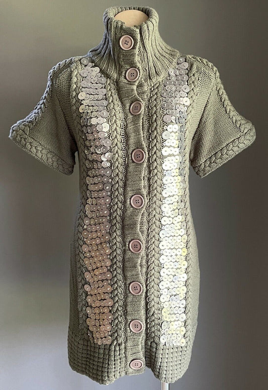 Chunky Jumper Khaki Knit Short Sleeve Button Up Long w Matte Sequins Size 10