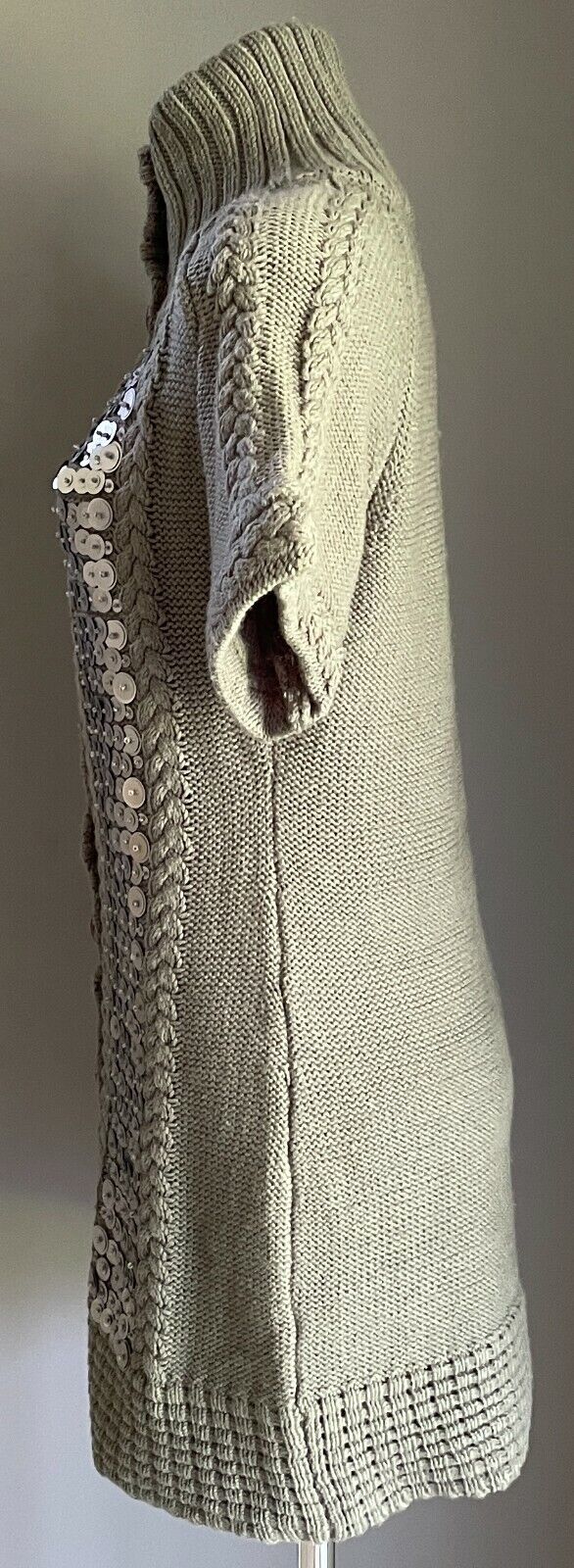 Chunky Jumper Khaki Knit Short Sleeve Button Up Long w Matte Sequins Size 10
