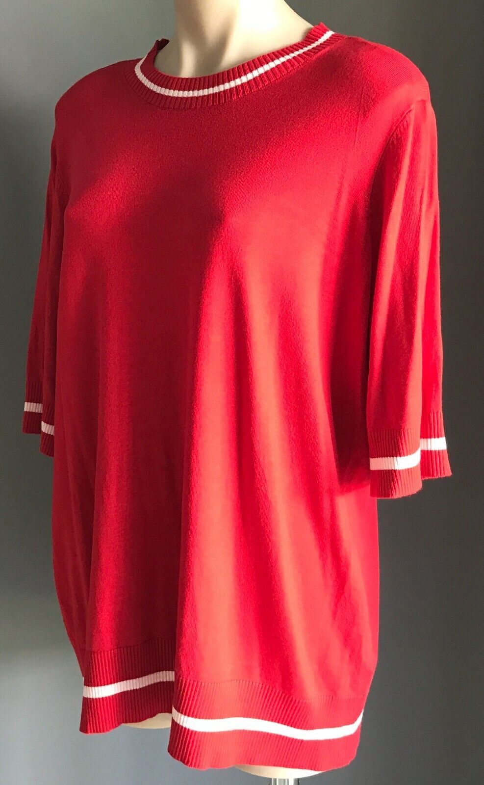 ONLY CARMAKOMA Sweater Red White Trim Fine Knit Short Sleeve Plus Size XL 26 New