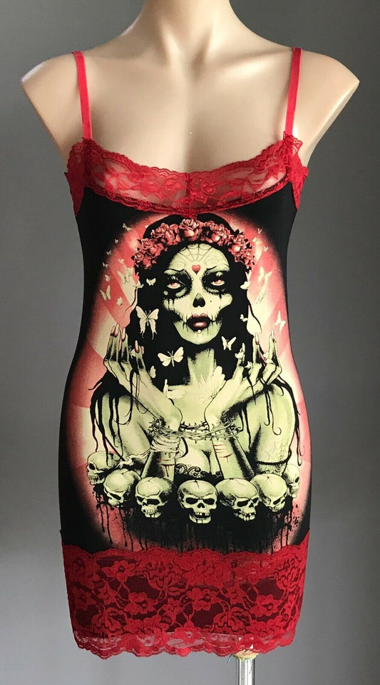 TOO FAST “Camille" Mini Dress Tunic Goth Punk Rockabilly Black Red Lace XL NEW