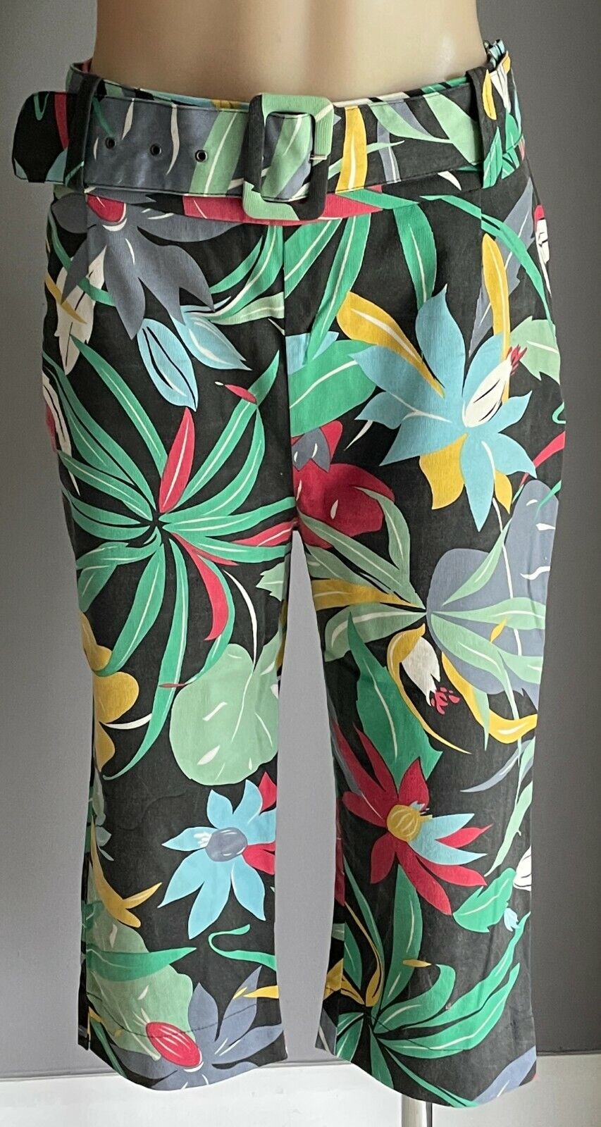 REVIVAL Crop Pants Tropical Floral Print Cropped Pants w Belt at Waist Size 14