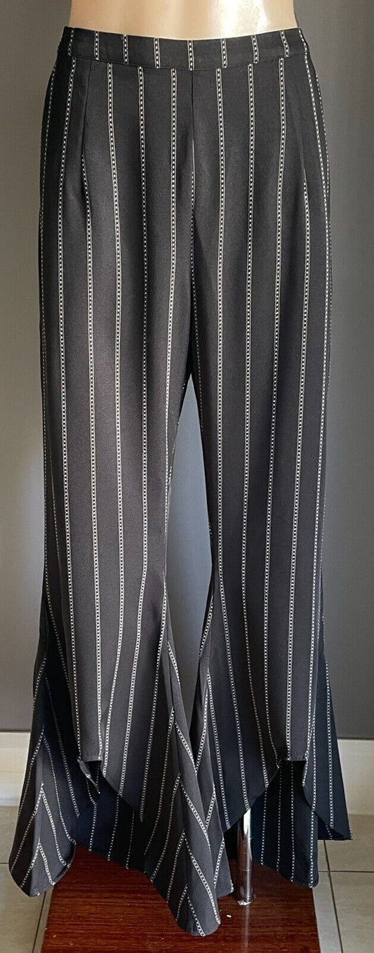 ATMOS & HERE "Senorita" Pants Black White Fabric Flare Leg Notched Hem Sz 14 New
