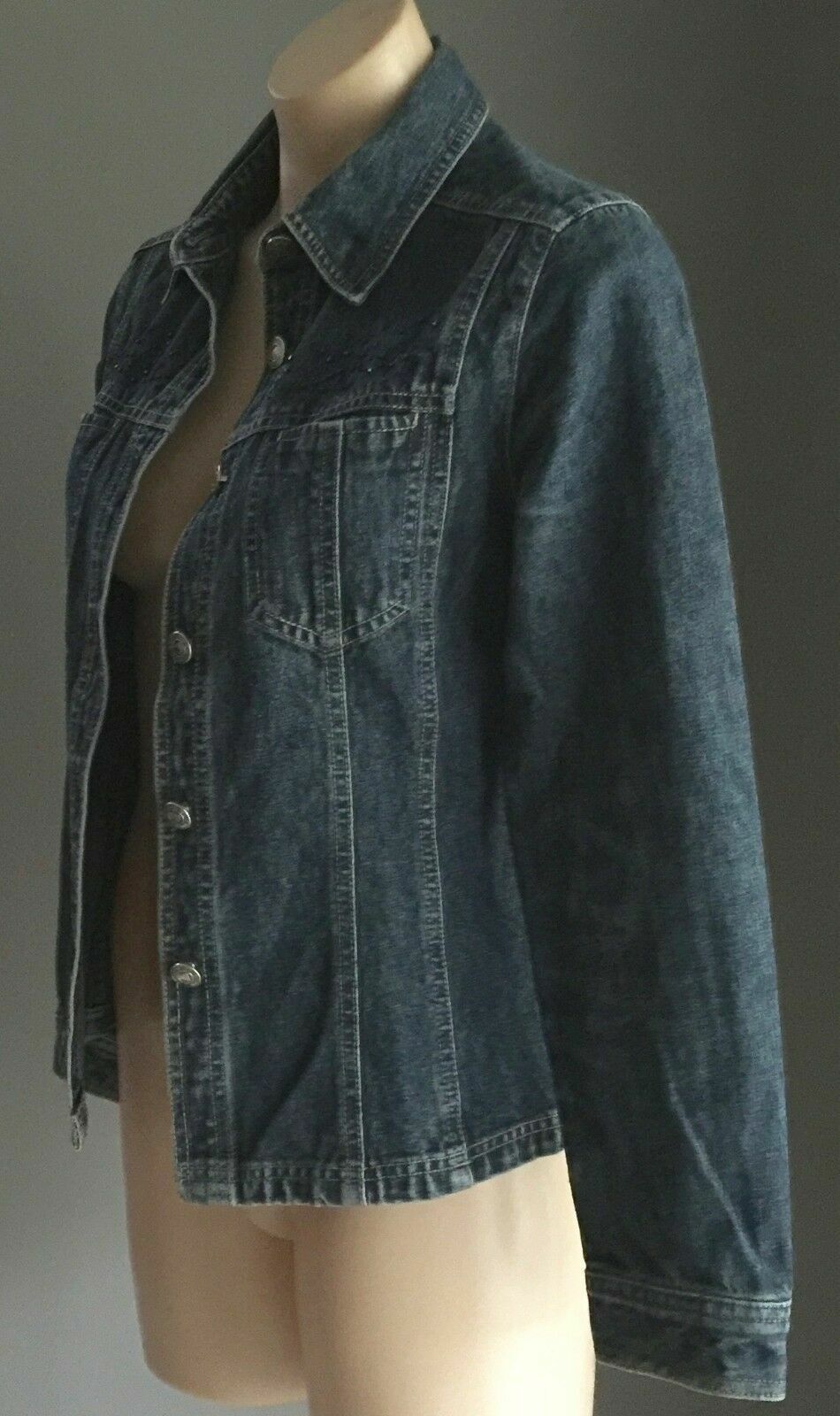 LIU HENG SE Denim Jacket Blue w Blue Bead Trim Ladies Size 8 10