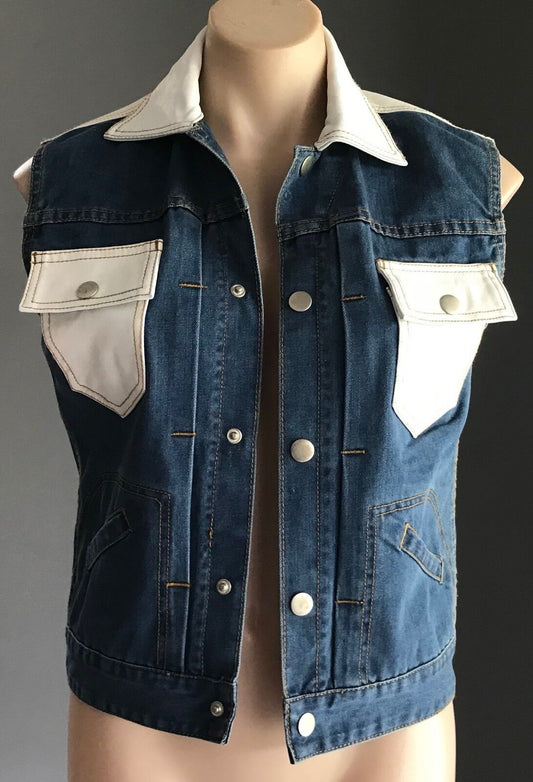 ONE TEASPOON Denim Jacket Sleeveless Vest Blue & White Pleather Trim Sz S 10
