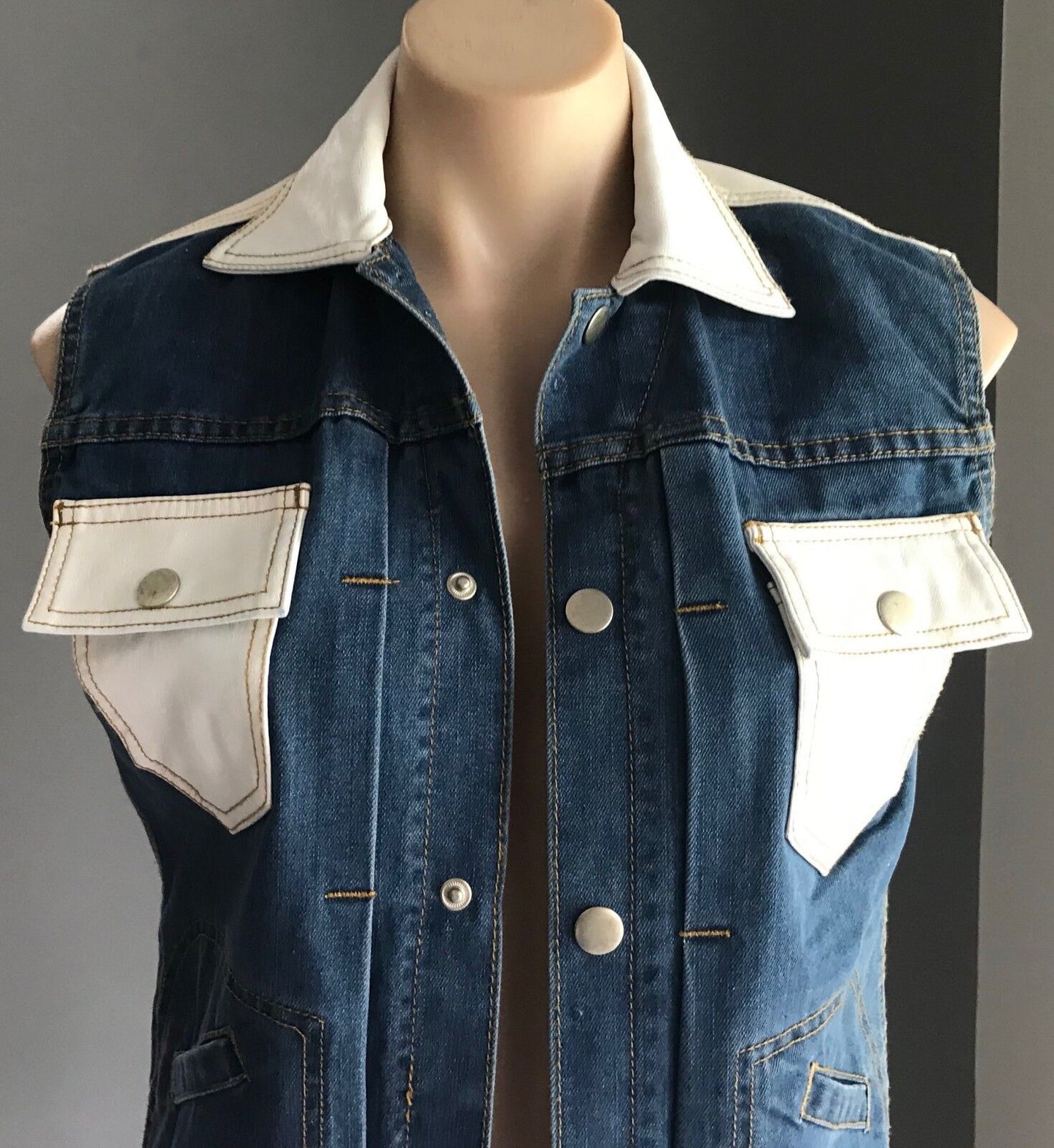 ONE TEASPOON Denim Jacket Sleeveless Vest Blue & White Pleather Trim Sz S 10