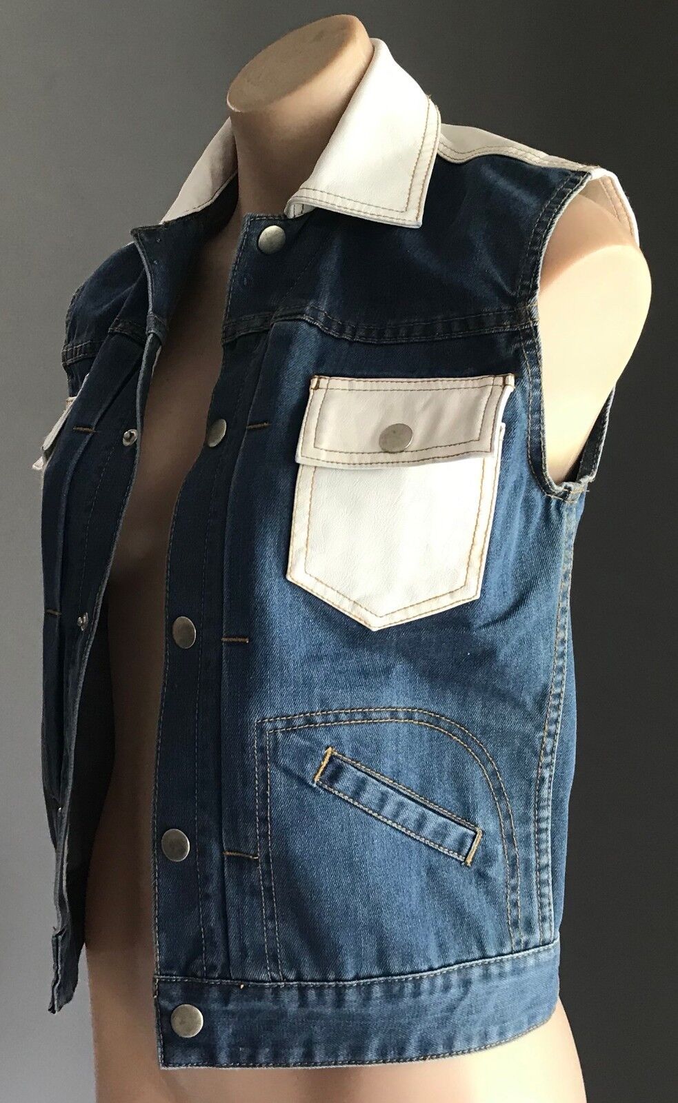 ONE TEASPOON Denim Jacket Sleeveless Vest Blue & White Pleather Trim Sz S 10