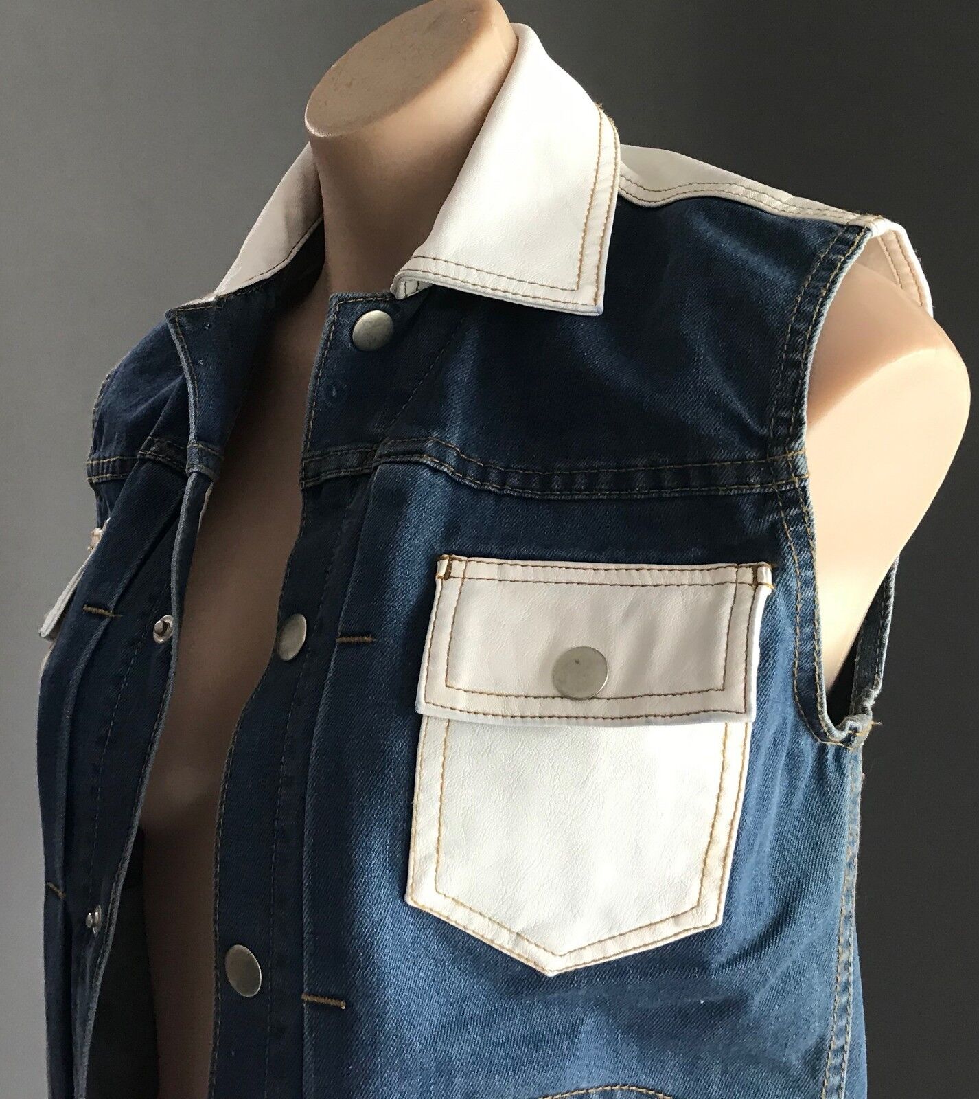 ONE TEASPOON Denim Jacket Sleeveless Vest Blue & White Pleather Trim Sz S 10