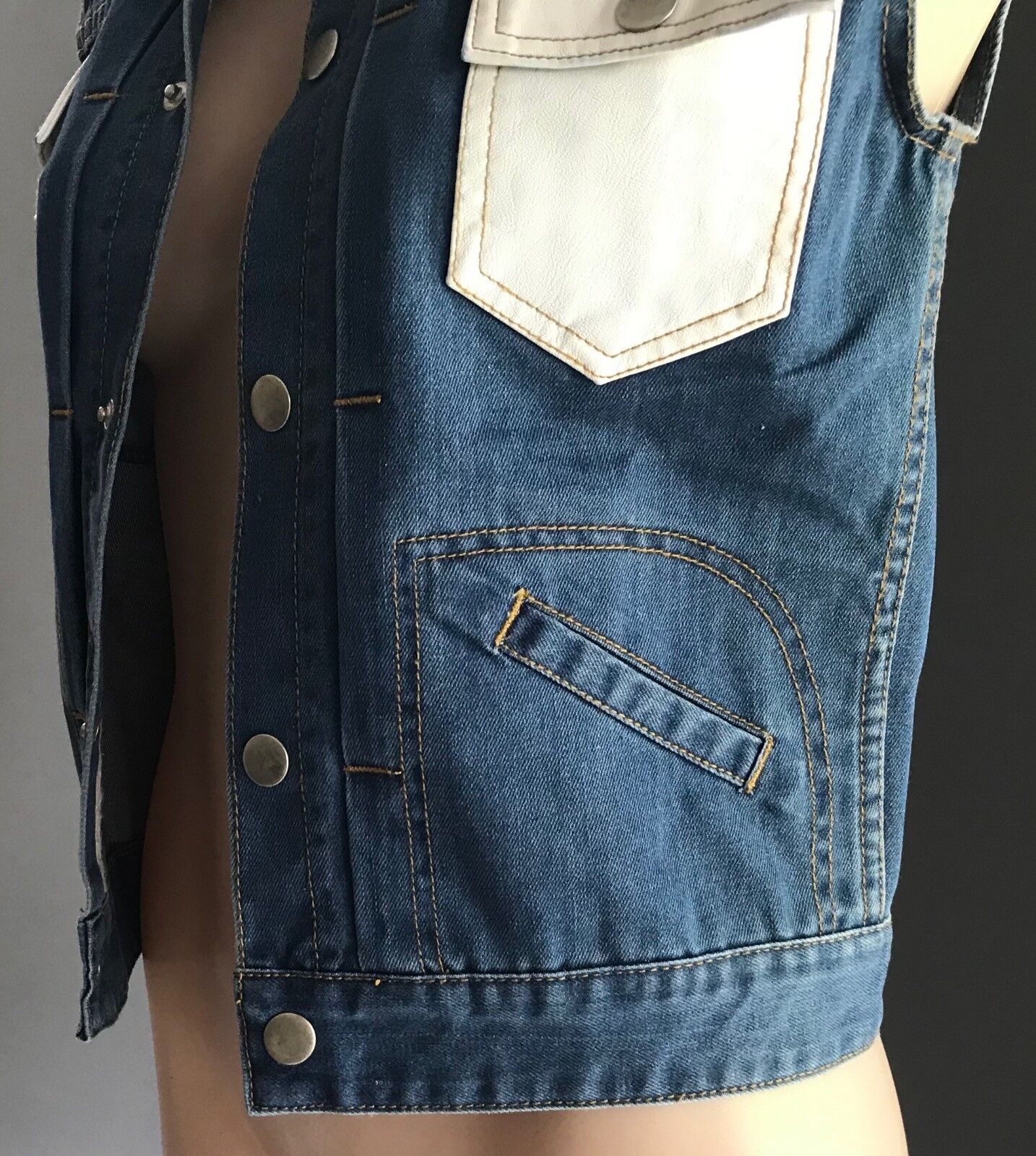 ONE TEASPOON Denim Jacket Sleeveless Vest Blue & White Pleather Trim Sz S 10