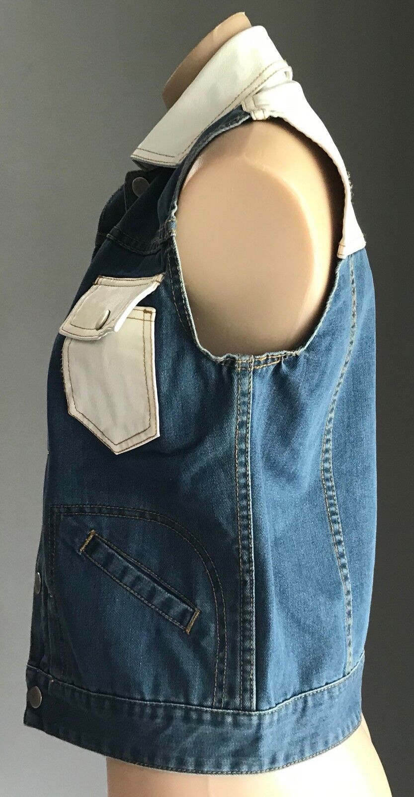 ONE TEASPOON Denim Jacket Sleeveless Vest Blue & White Pleather Trim Sz S 10