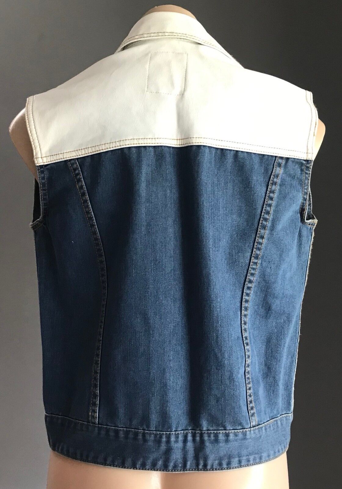 ONE TEASPOON Denim Jacket Sleeveless Vest Blue & White Pleather Trim Sz S 10
