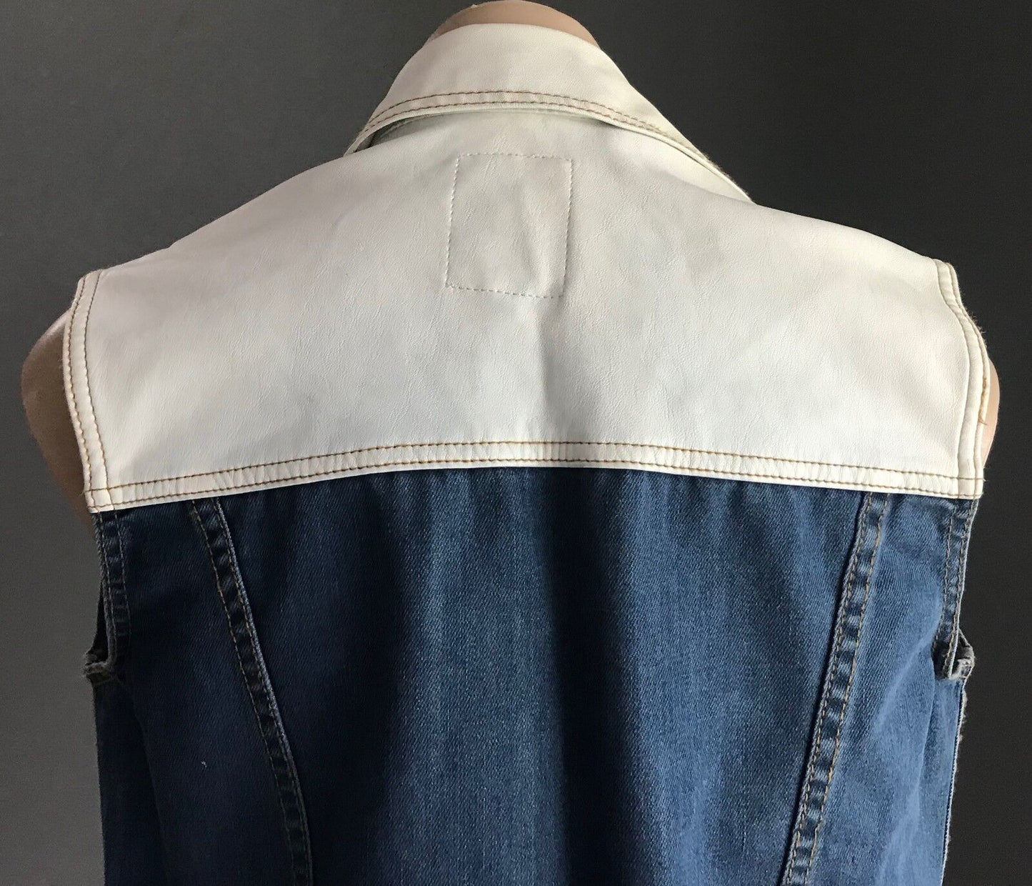 ONE TEASPOON Denim Jacket Sleeveless Vest Blue & White Pleather Trim Sz S 10
